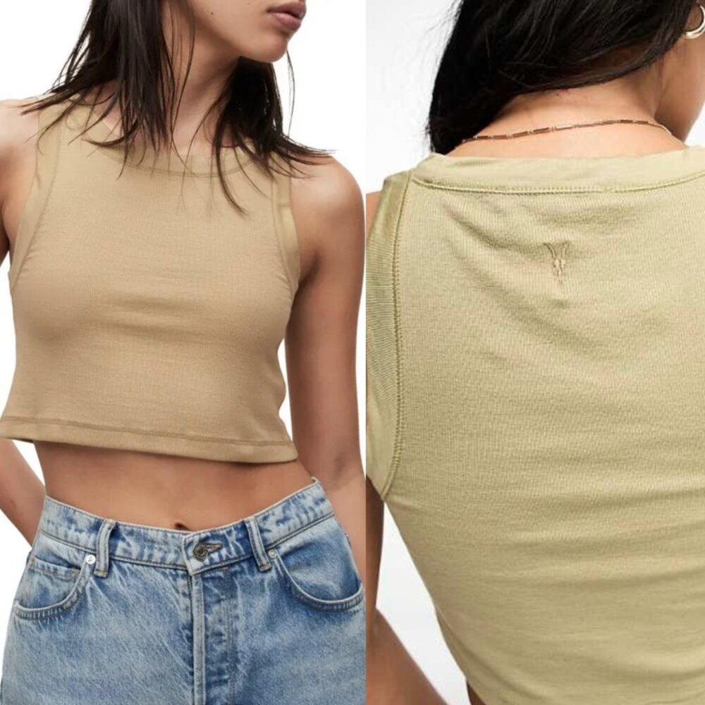All Saints Rina Cropped Tank Top Ribbed Pale Olive Green